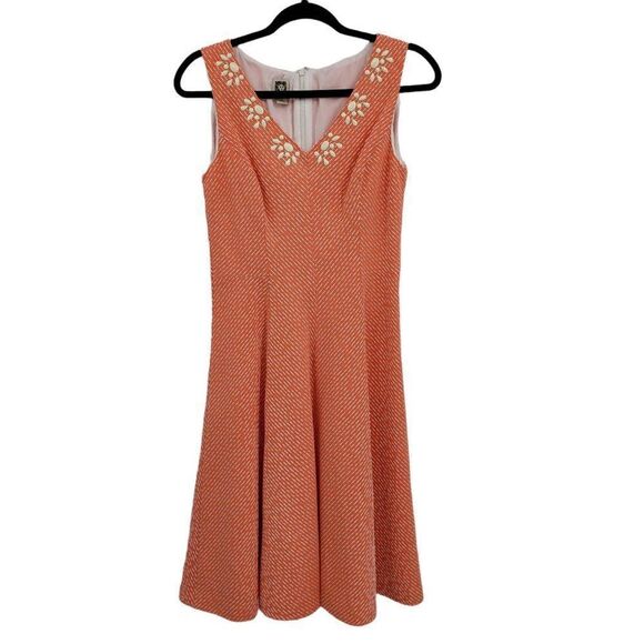 Vtg 80's Anne Klein Dress Sleeveless Shell Beaded V-neck A-line Midi Orange Sz 4 - Picture 6 of 10